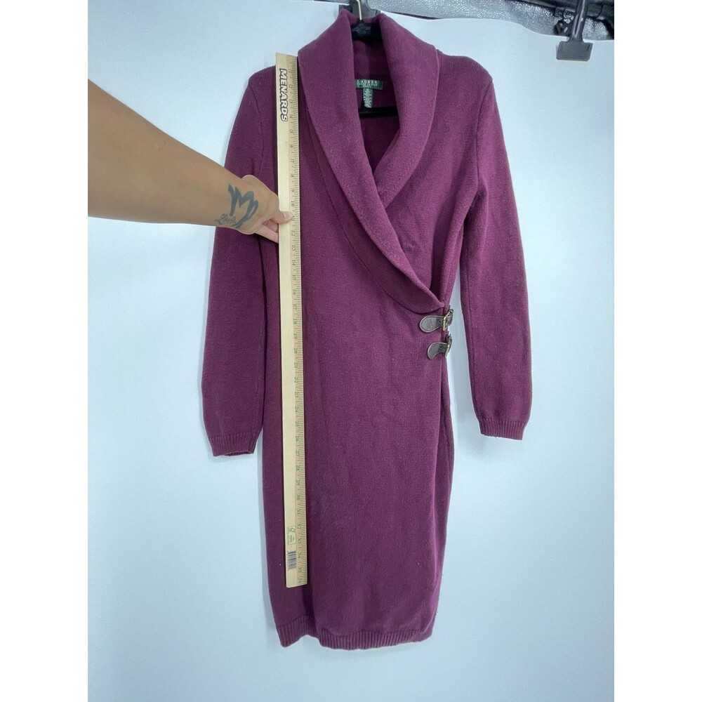 Lauren Ralph Lauren Burgundy Shawl Collar Sweater Wrap Dress Leather Buckle Knit - Picture 10 of 12